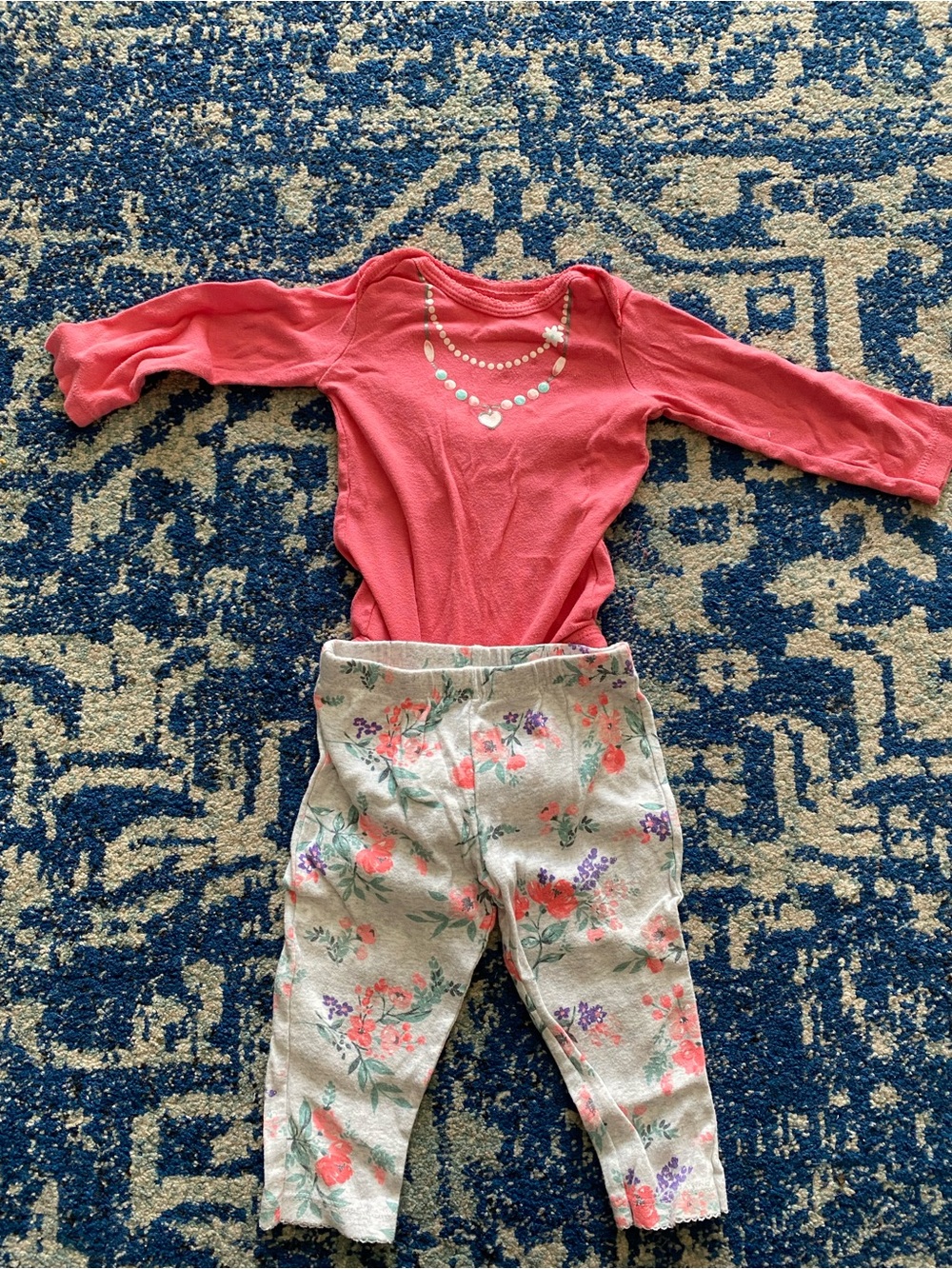 Coral Long-Sleeve Bodysuit with Floral Leggings